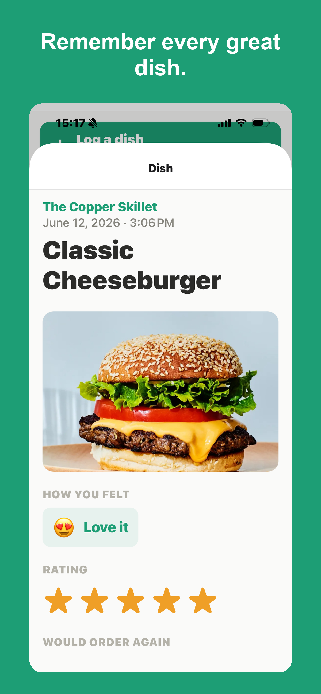 FoodFavs — A logged dish with rating and notes