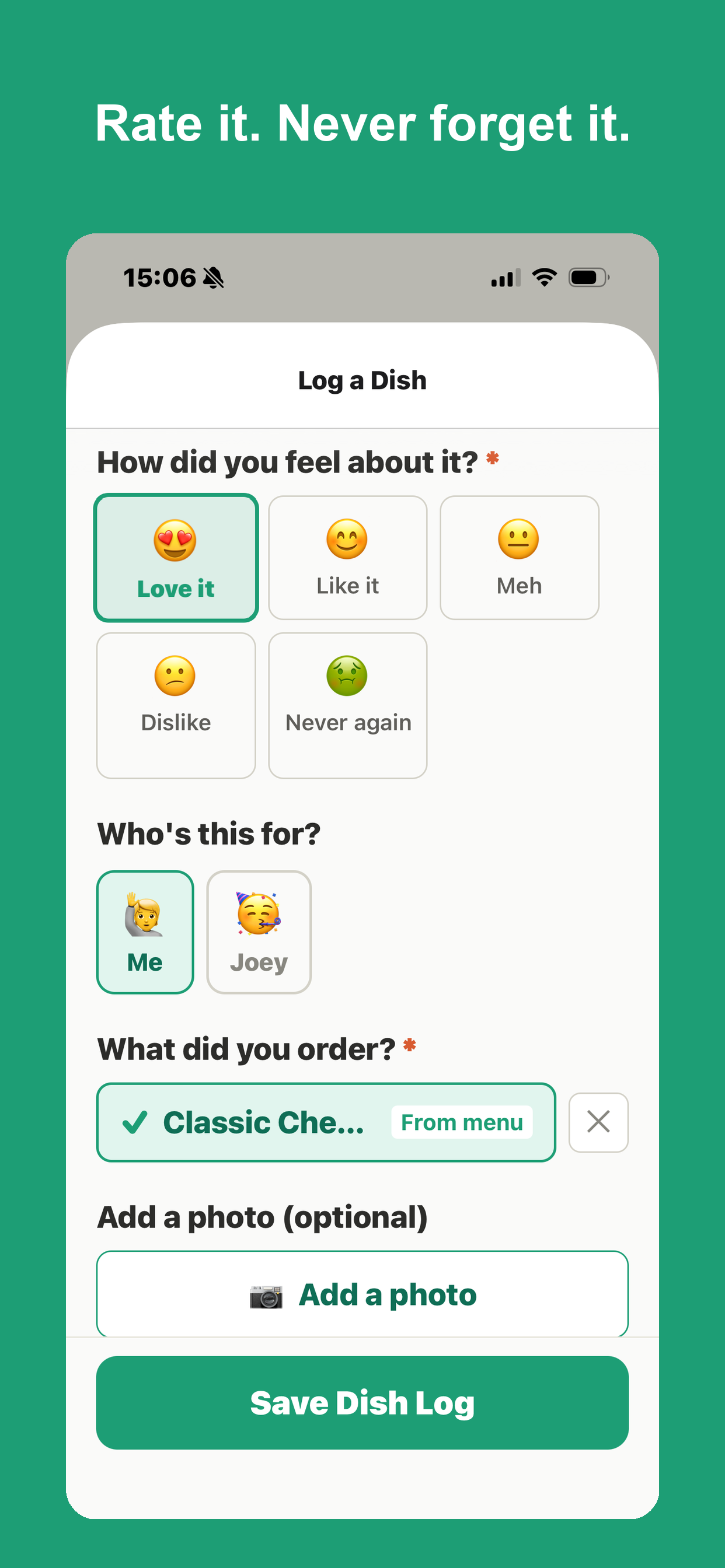 FoodFavs — Logging a new dish